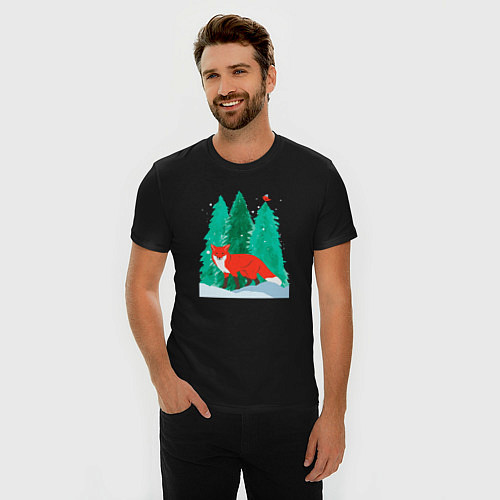 Мужская slim-футболка Лиса в лесу и птичка / Черный – фото 3