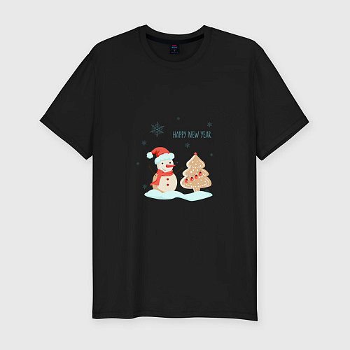 Мужская slim-футболка Снеговик с имбирной ёлкой / Черный – фото 1