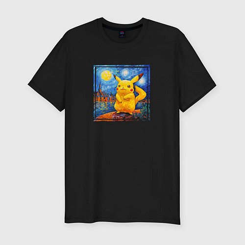 Мужская slim-футболка Пикачу звёздной ночью Ван Гога / Черный – фото 1