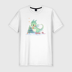 Мужская slim-футболка Чиби-дракон с ёлочной игрушкой