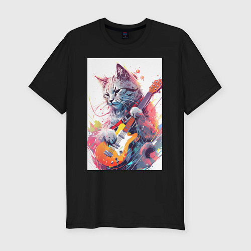 Мужская slim-футболка Chilling guitar cat / Черный – фото 1