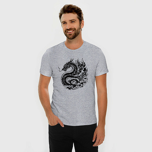 Мужская slim-футболка Японский дракон - ирезуми / Меланж – фото 3