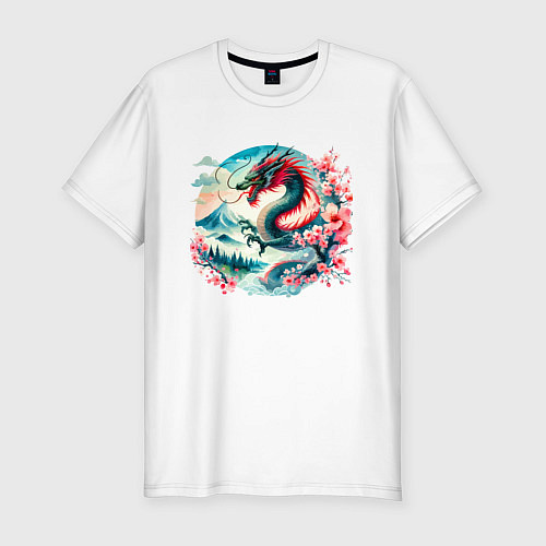 Мужская slim-футболка Japanese dragon - ai art watercolor / Белый – фото 1