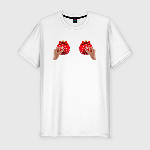 Мужская slim-футболка Прикосновение к новогодним игрушкам / Белый – фото 1
