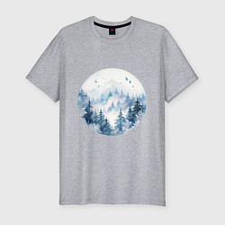 Мужская slim-футболка Горы в тумане в круге