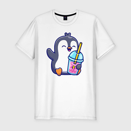 Мужская slim-футболка Пингвин с напитком / Белый – фото 1