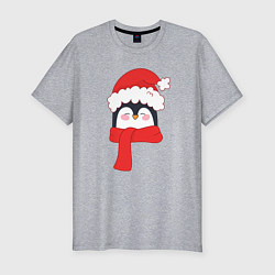 Футболка slim-fit Новогодний пингвин в шапке Деда Мороза, цвет: меланж