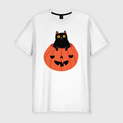 Футболка slim-fit Котик в тыкве, цвет: белый