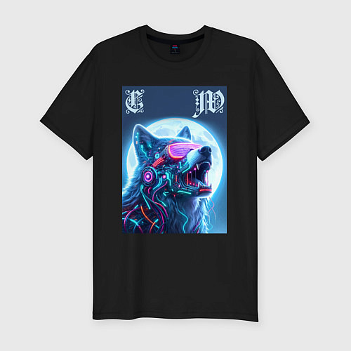 Мужская slim-футболка Cyber wolf - ai art / Черный – фото 1