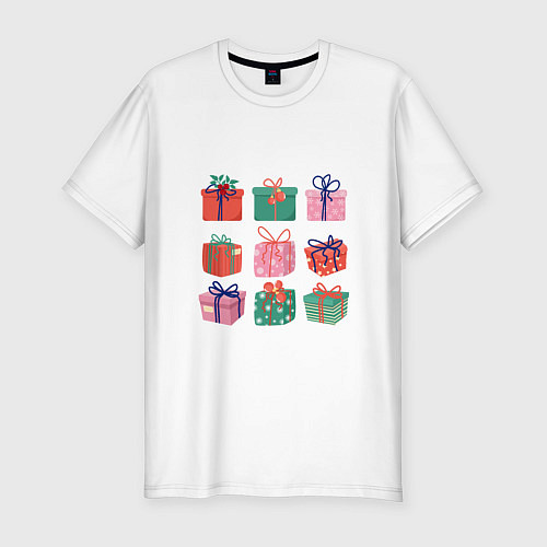 Мужская slim-футболка Подарочные разноцветные коробки / Белый – фото 1