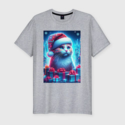 Мужская slim-футболка Новогодний котик среди подарков