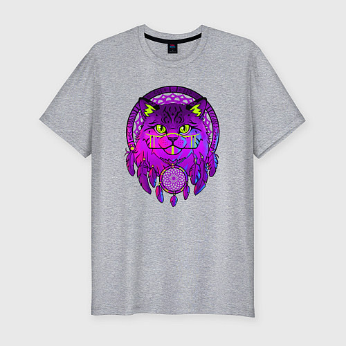 Мужская slim-футболка Фиолетовый кот-индеец с ловцом снов / Меланж – фото 1