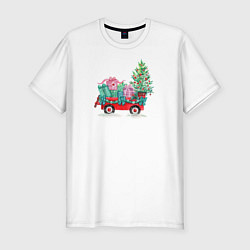 Мужская slim-футболка Красный рождественский грузовик