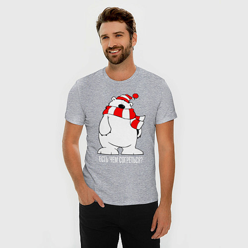 Мужская slim-футболка Белый медведь в полосатом колпаке / Меланж – фото 3