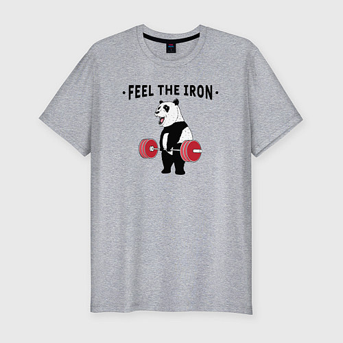 Мужская slim-футболка Почувствуй железо - панда бодибилдер / Меланж – фото 1