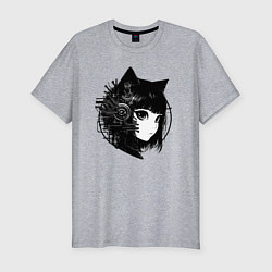 Мужская slim-футболка Девочка кошка - киберпанк