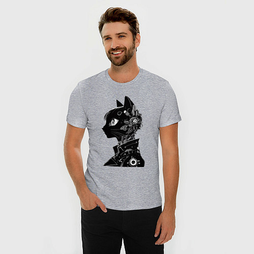 Мужская slim-футболка Кибер кошечка - аниме / Меланж – фото 3