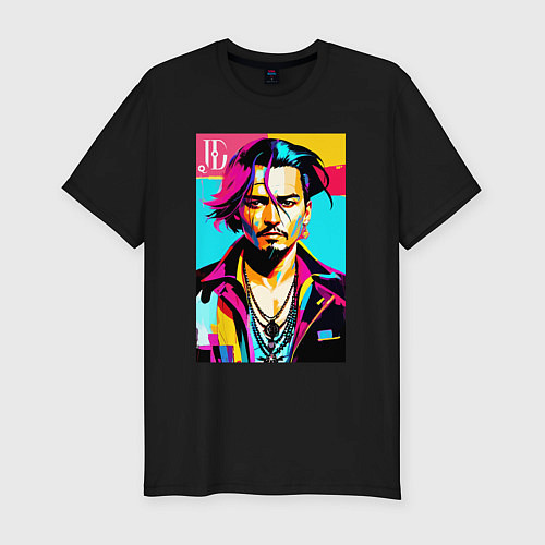 Мужская slim-футболка Джонни Депп - поп арт / Черный – фото 1