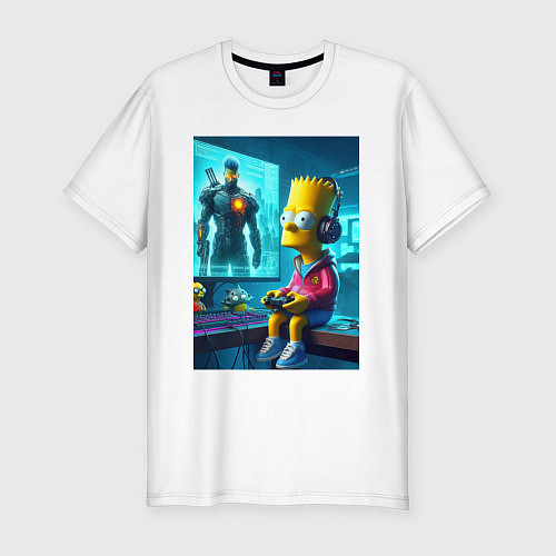 Мужская slim-футболка Bart Simpson is an avid gamer / Белый – фото 1