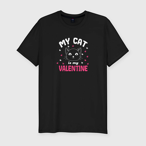 Мужская slim-футболка My cat is my Valentine 2024 / Черный – фото 1