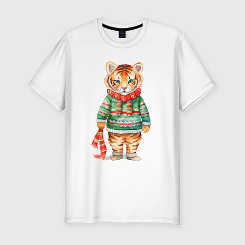 Мужская slim-футболка Тигр в новогоднем свитере / Белый – фото 1