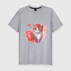 Футболка slim-fit Кошка в красных сердечках, цвет: меланж