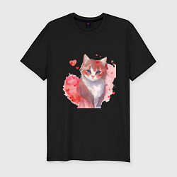 Мужская slim-футболка Кошка в красных сердечках