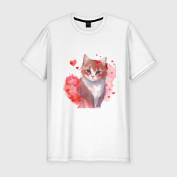 Мужская slim-футболка Кошка в красных сердечках