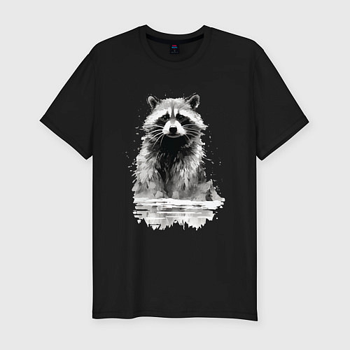 Мужская slim-футболка Енот около воды / Черный – фото 1