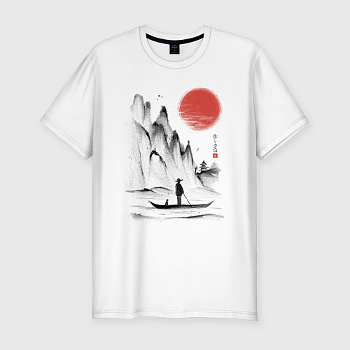 Мужская slim-футболка Традиционный японский пейзаж с рыбаком и горами / Белый – фото 1