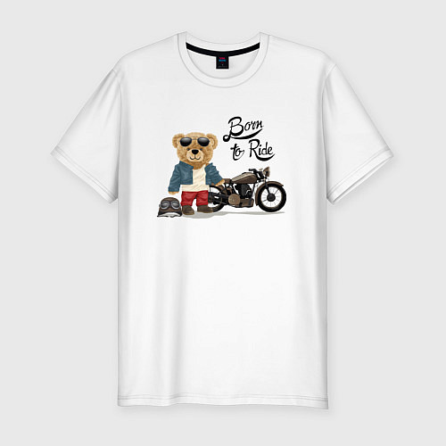 Мужская slim-футболка Плюшевый медвежонок с мотоциклом / Белый – фото 1