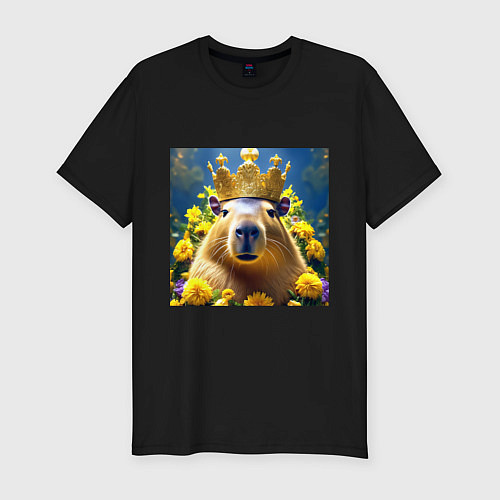 Мужская slim-футболка Мем капибара царь на троне и желтые цветы / Черный – фото 1