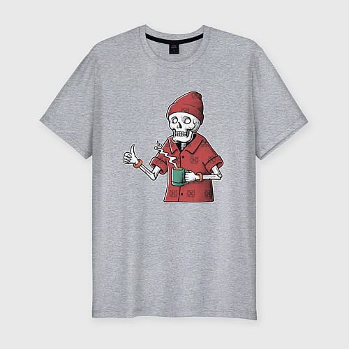 Мужская slim-футболка Скелет с чашечкой кофе / Меланж – фото 1
