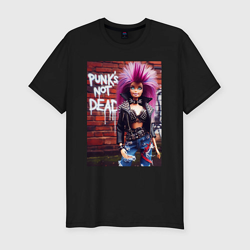 Мужская slim-футболка Punks not dead - cool Barbie ai art / Черный – фото 1