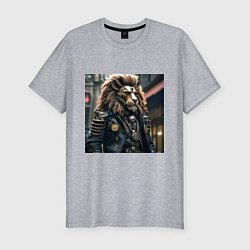 Футболка slim-fit Лев в кожаном костюме в стиле стимпанк, цвет: меланж