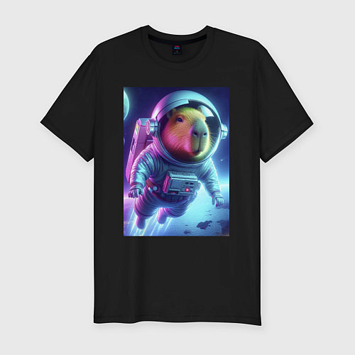 Мужская slim-футболка Полёт капибары в космосе - неон / Черный – фото 1