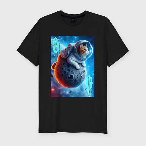 Мужская slim-футболка Space cat - ai art / Черный – фото 1