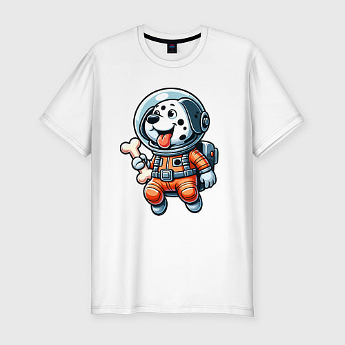 Мужская slim-футболка Dalmatian cosmonaut puppy with a bone / Белый – фото 1