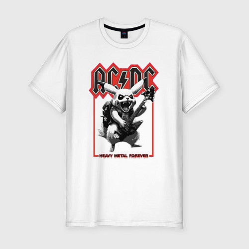 Мужская slim-футболка AC DC на фоне Пикачу играющего рок на гитаре / Белый – фото 1