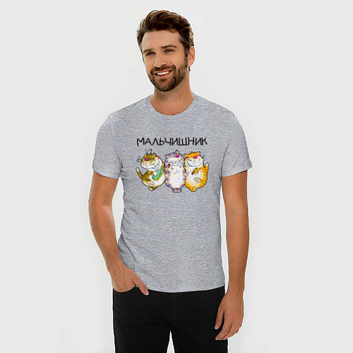 Мужская slim-футболка Мальчишник полосатые коты / Меланж – фото 3