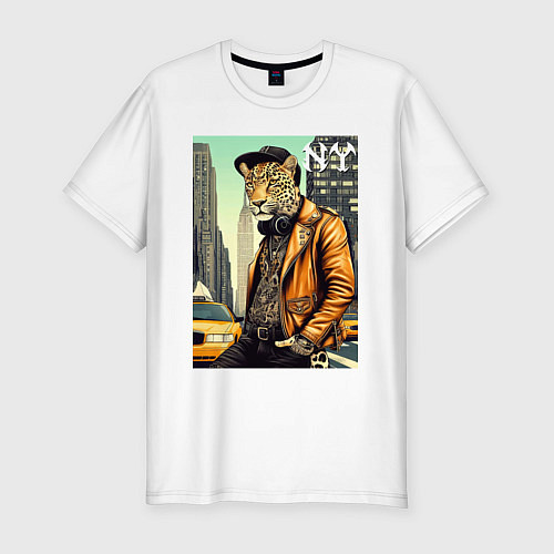 Мужская slim-футболка The cool leopard is a New Yorker / Белый – фото 1