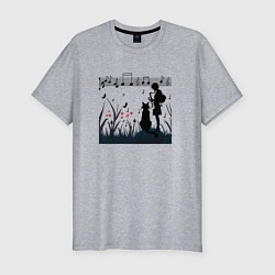 Мужская slim-футболка Девушка и кот или музыка для души