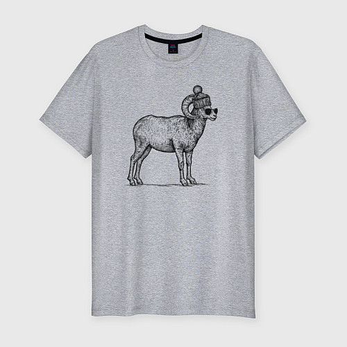 Мужская slim-футболка Баран в шапке с помпоном / Меланж – фото 1