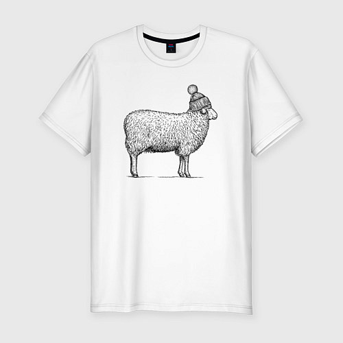 Мужская slim-футболка Овца в шапке с помпоном / Белый – фото 1