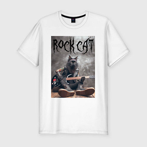 Мужская slim-футболка Rock cat - ai art / Белый – фото 1