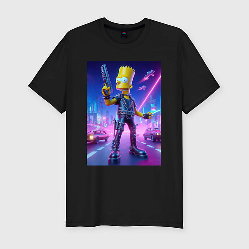 Мужская slim-футболка Cyber Bart - neon glow ai art / Черный – фото 1