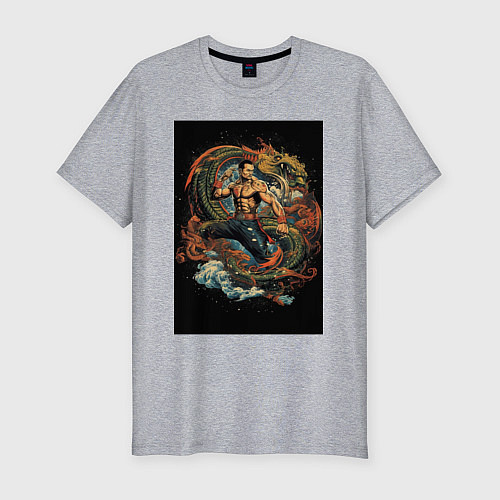 Мужская slim-футболка Муай Тай боец и зеленый дракон / Меланж – фото 1