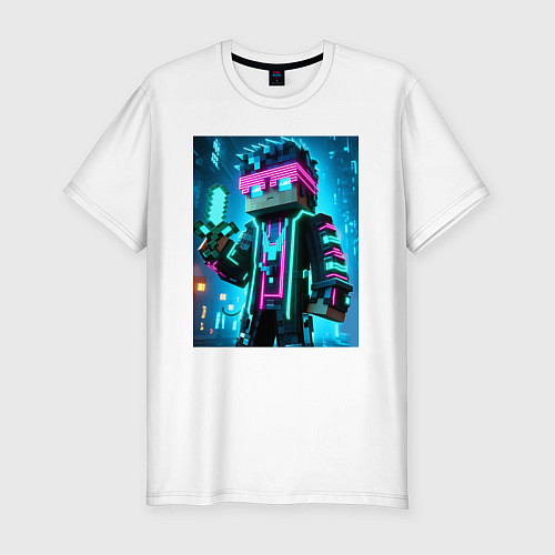 Мужская slim-футболка Minecraft - neon character ai art / Белый – фото 1