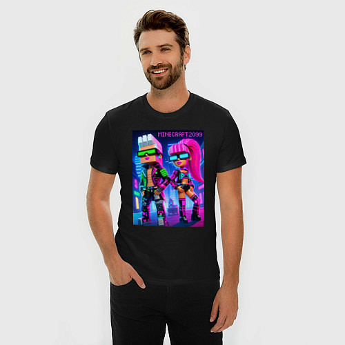 Мужская slim-футболка Barbie and Ken - Minecraft 2099 ai art collaborati / Черный – фото 3