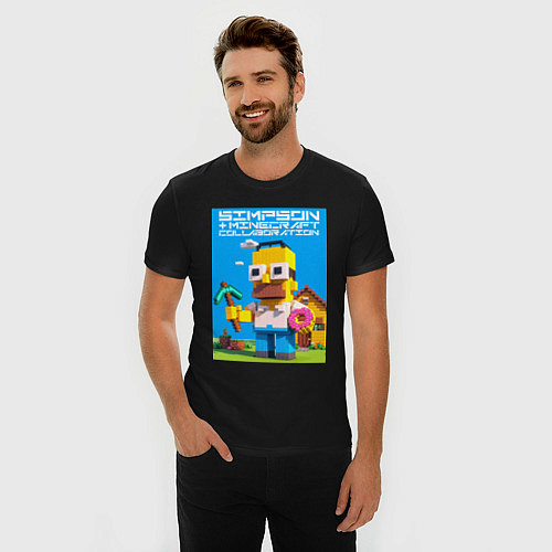 Мужская slim-футболка Homer Simpson and Minecraft - collaboration ai art / Черный – фото 3